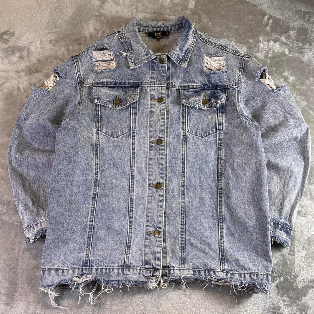 I&B Distressed Denim Jacket Womens Medium Light Wash Cropped Frayed Grunge - Picture 1 of 6